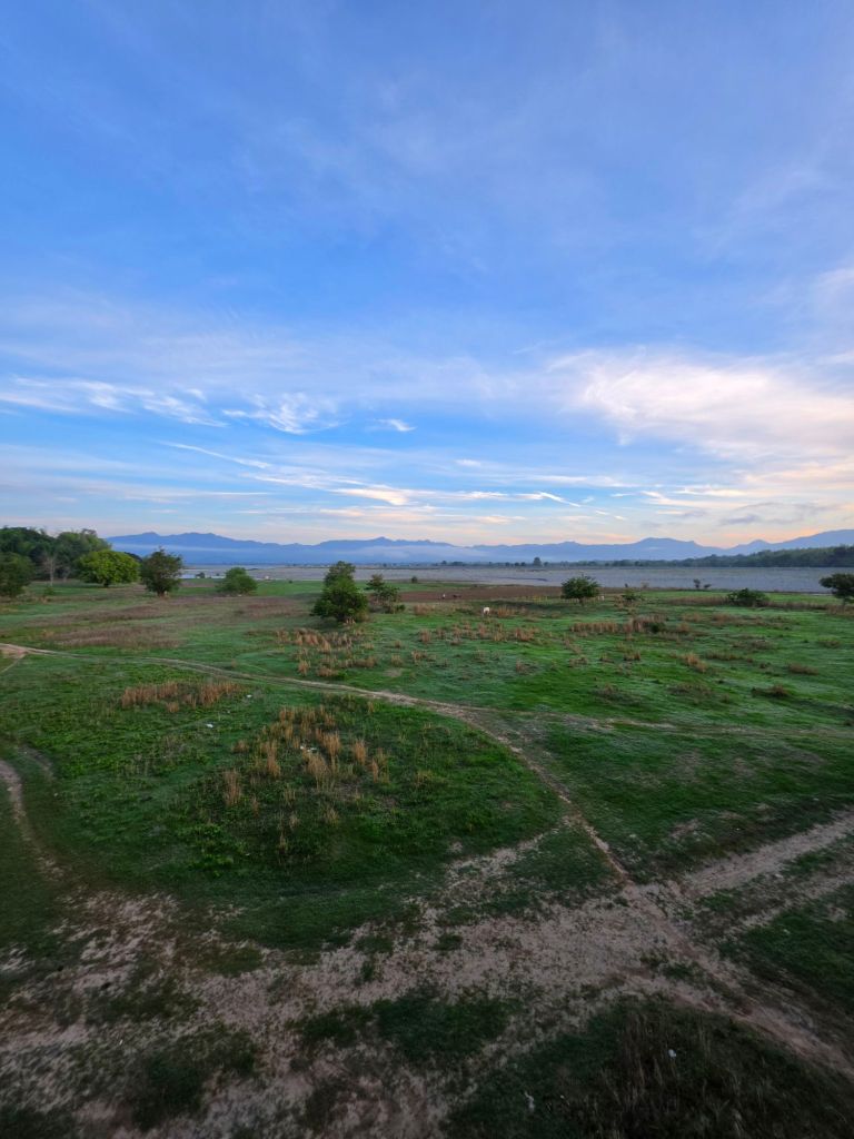 A panoramic view of a green landscape under a clear blue sky, with distant mountains in the background and a winding dirt path through the field.