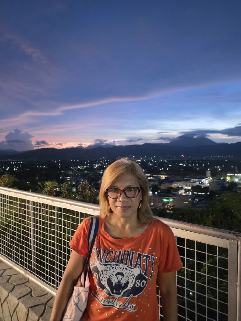 A woman wearing an orange t-shirt with a graphic design stands on a railing overlooking a cityscape at sunset, with a gradient sky and scattered clouds.