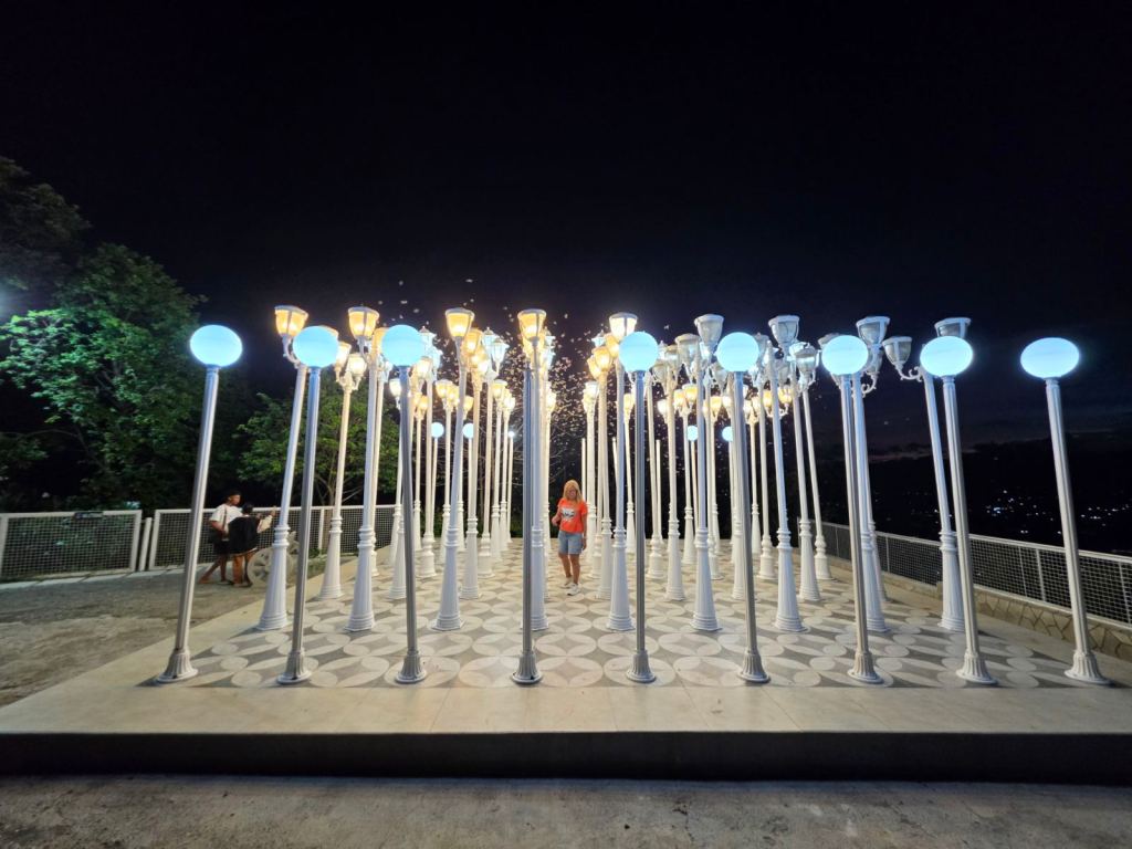 An illuminated pathway featuring numerous decorative streetlights in a park at night, with a person walking among them.